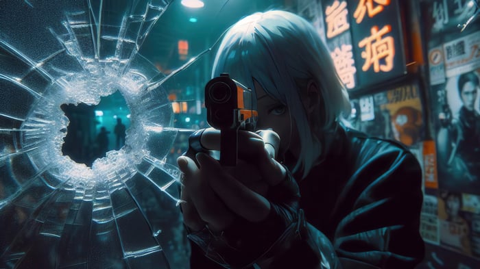 Anime Girl with Gun through Broken Window 4K
