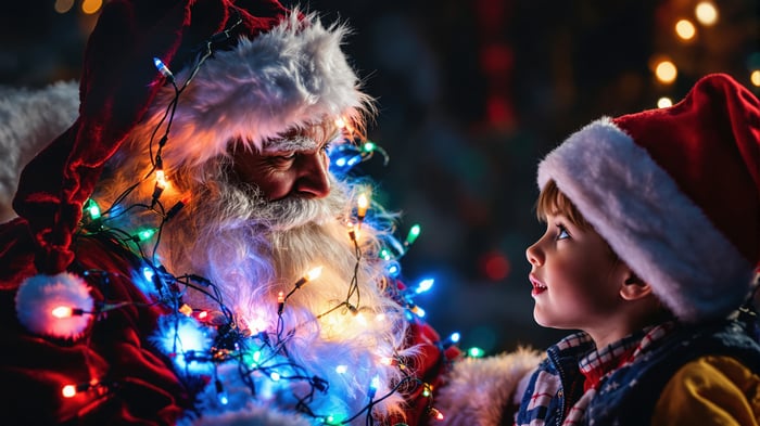 Santa Claus with a child and Christmas lights 4K