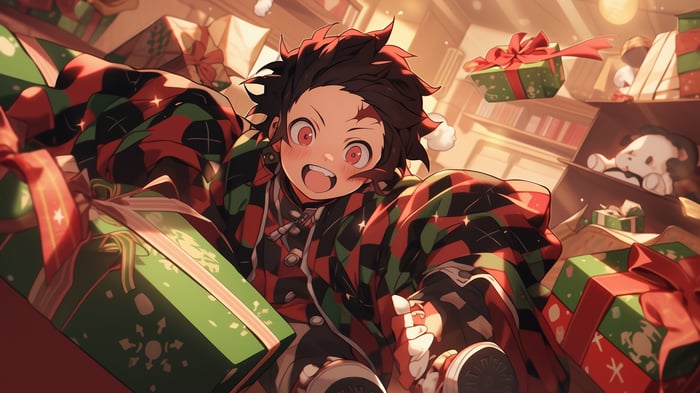 Tanjiro Kamado surrounded by Christmas gifts