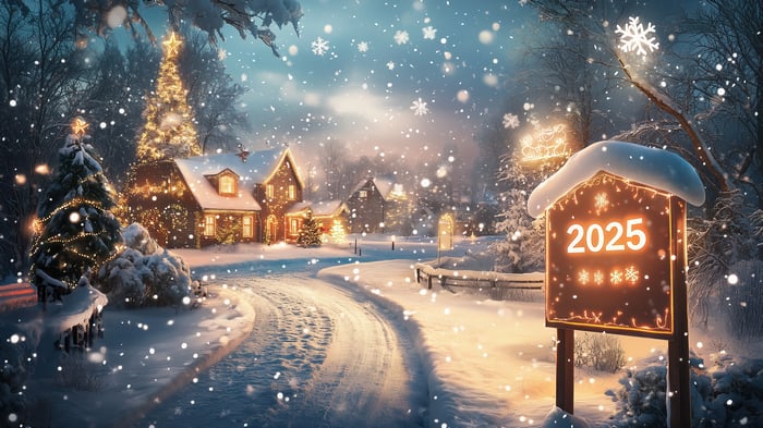 Christmas Village with 2025 Sign in Snow