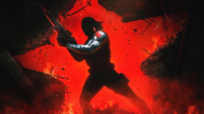 Winter Soldier with Gun in Fiery Environment 4K