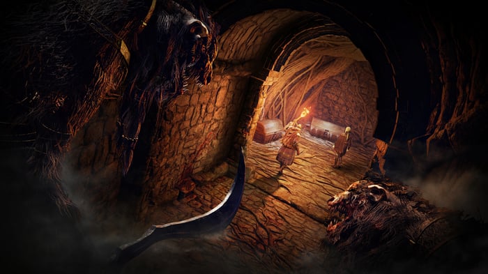 Elden Ring Dungeon with Creatures and Chests