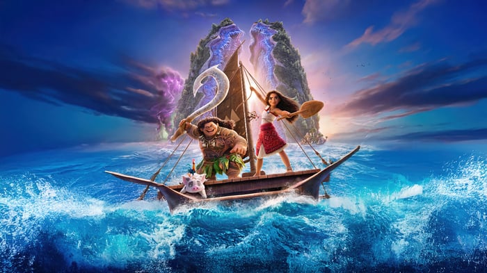 Moana and Maui on a boat with islands in the background