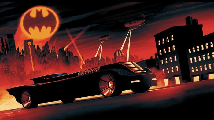 Batman, Batmobile, and Bat Signal in Gotham City 4K