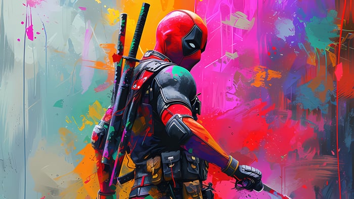 Deadpool with Swords on Colorful Background 4K