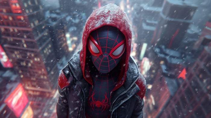 Miles Morales Spider-Man in a snowy city 4K