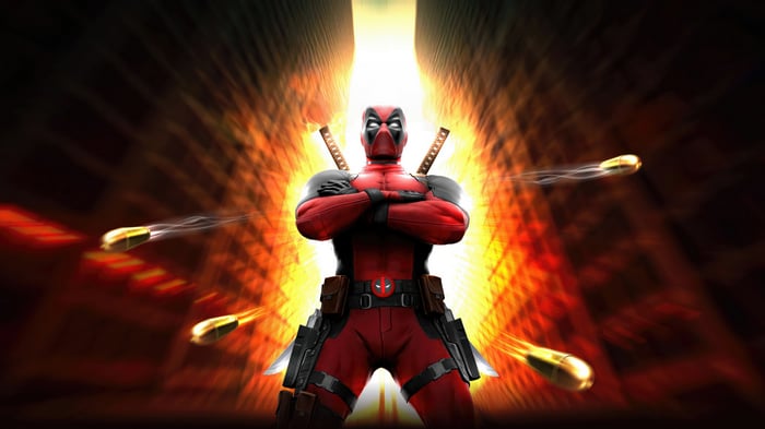 Deadpool with bullets flying around him in 4K