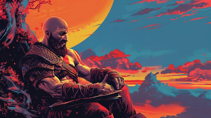 Kratos sitting under a tree with a large moon