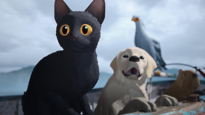 Cat, Dog, and Bird on a Boat