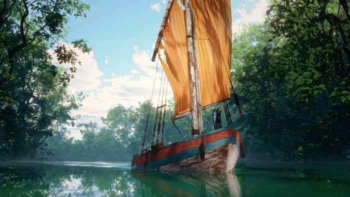 Cat on a boat in a river