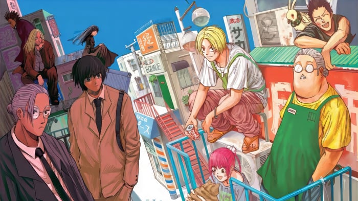 Sakamoto Days characters in an urban setting