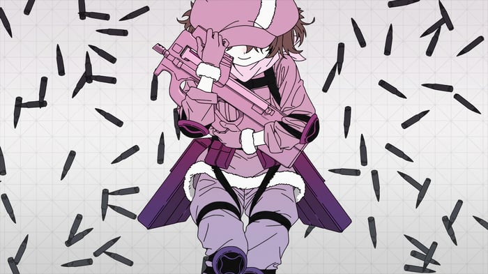 Llenn with a pink gun surrounded by bullets