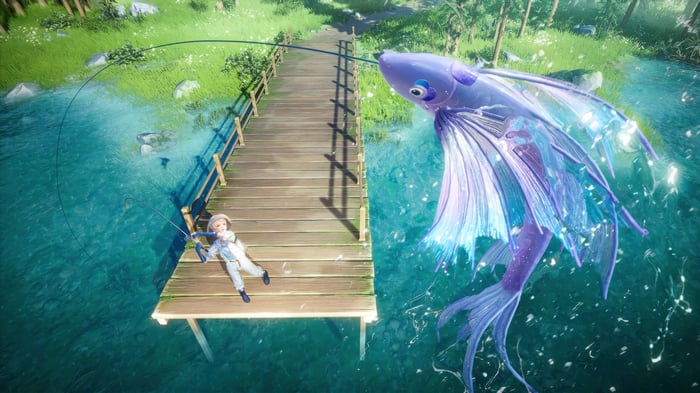 Infinity Nikki: Girl fishing for a giant glowing fish