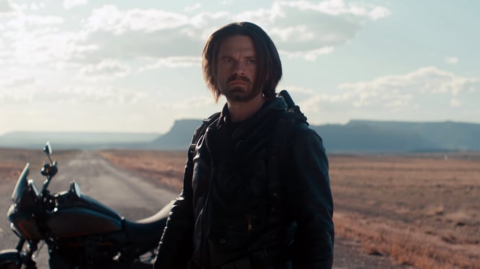 Bucky Barnes and Motorcycle in Desert Landscape 4K