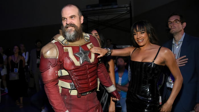 David Harbour and Hannah John-Kamen in Red Guardian costume