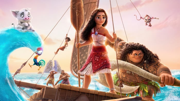 Moana, Maui, Heihei, and Pua on a boat