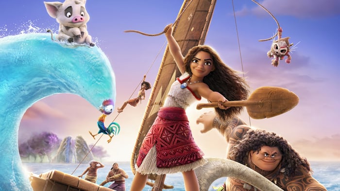 Moana, Maui, Heihei, and Pua on a boat