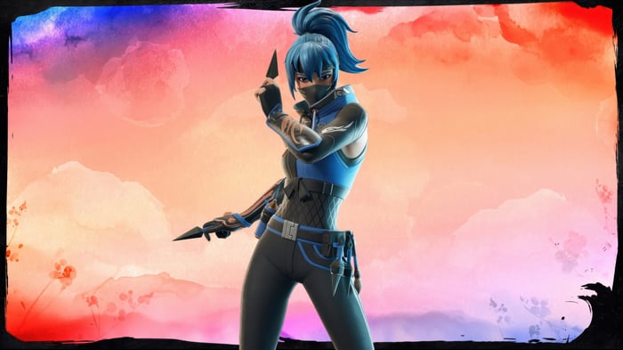 Fortnite Ninja Character with Blue Hair and Knives