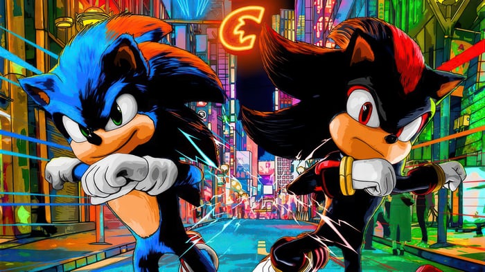 Sonic and Shadow in a Neon City