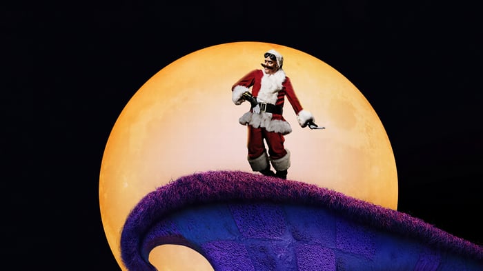 Doctor Eggman as Santa Claus in front of a large moon