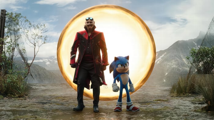 Doctor Eggman and Sonic the Hedgehog in front of a portal