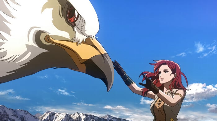 Hera and a giant eagle in The Lord of the Rings: The War of the Rohirrim 4K