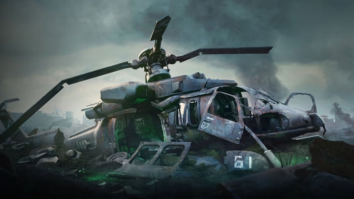 Destroyed Helicopter in a Post-Apocalyptic Landscape 4K