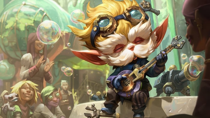 Heimerdinger playing a guitar with bubbles in League of Legends 4K