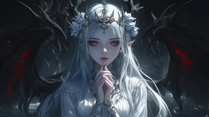 Anime Girl with White Hair and Black Wings in 4K