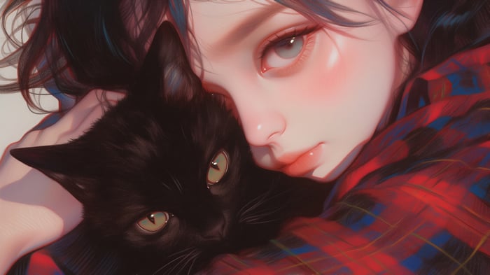 Anime Girl Hugging Black Cat 4K