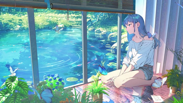 Anime Girl by a Pond with Butterflies 4K