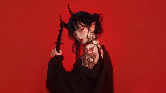 Anime Demon Girl with Katana and Tattoos 4K