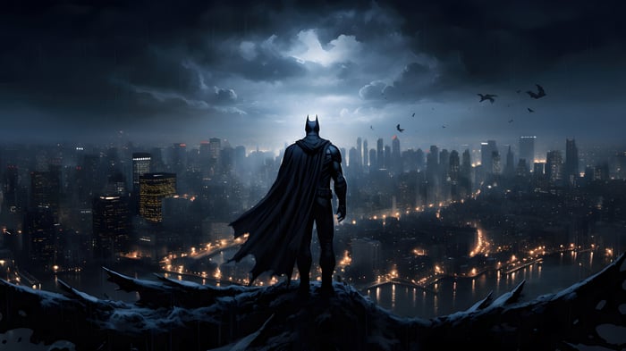 Batman overlooking Gotham City in 4K