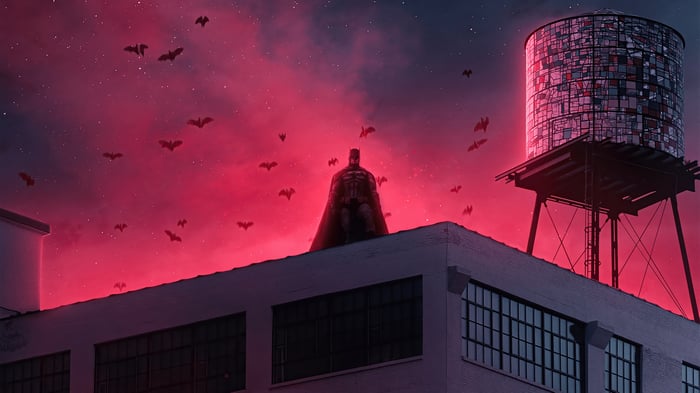 Batman on a rooftop with bats and water tower 4K