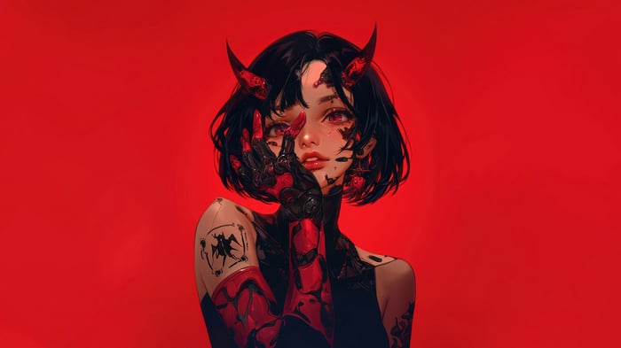 Anime Girl with Red Eyes and Demon Horns 4K