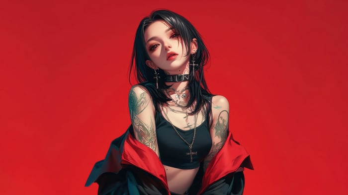Anime Girl with Tattoos and Cross Necklaces 4K