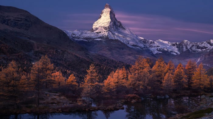 Matterhorn mountain in autumn with lake reflection