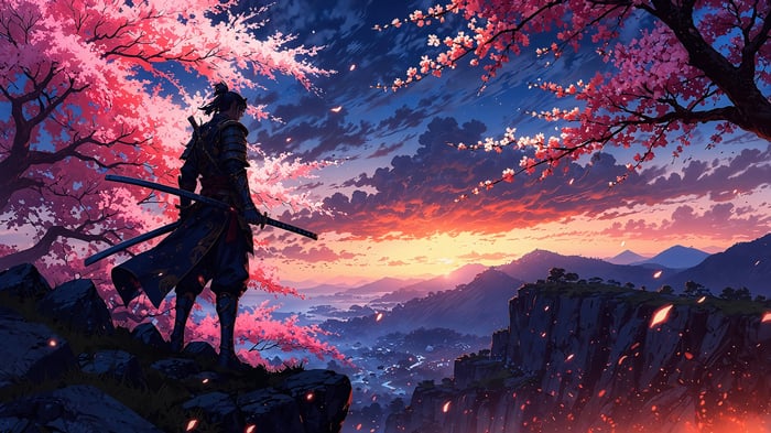 Samurai under Cherry Blossoms at Sunrise 4K