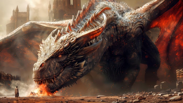 Dragon breathing fire near a castle in 4K