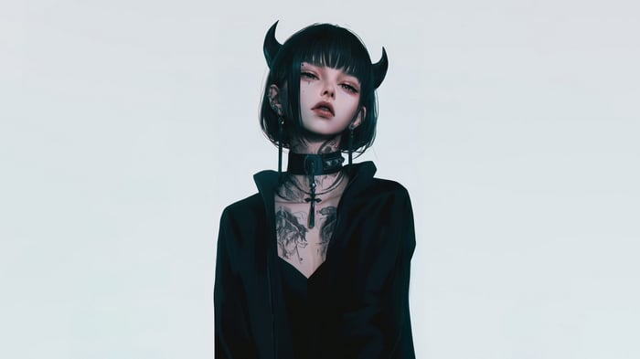 Anime Girl with Demon Horns and Tattoos 4K