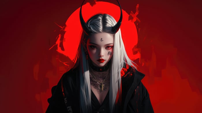 Anime Demon Girl with Horns and Red Eyes 4K