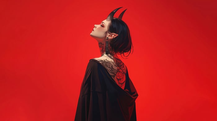 Anime Demon Girl with Horns and Tattoos 4K