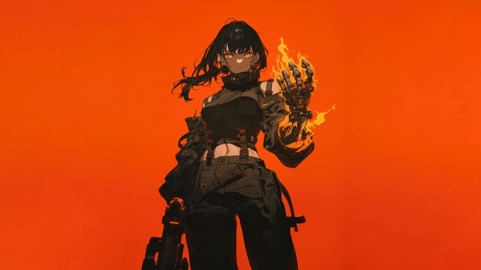Anime Girl with Burning Arm and Gun 4K
