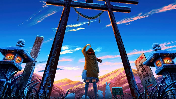 Anime girl at Torii gate with rabbits