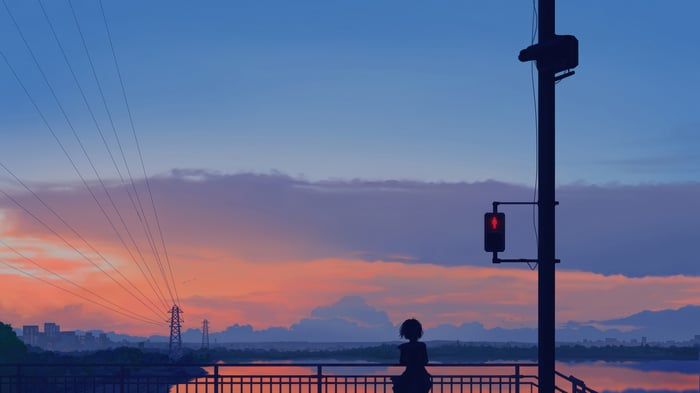 Anime Girl Silhouette at Sunset with Traffic Light