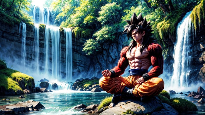 Goku Super Saiyan 4 Meditating by Waterfalls 4K
