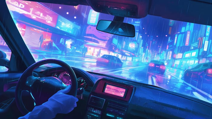 Driving a car in a rainy neon city at night 4K