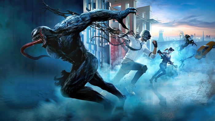 Venom and PUBG characters in a city