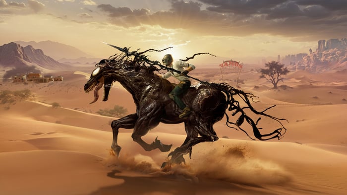 Venom riding a monstrous horse in a desert