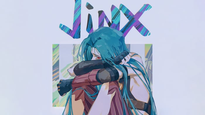 Jinx from Arcane sitting with knees to chest